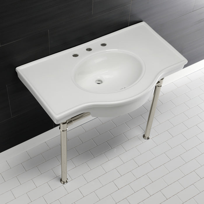 Kingston Tulare VPB1376ST - Templeton 37-Inch Ceramic Console Sink with Stainless Steel Legs (8-Inch, 3-Hole), White/Polished Nickel