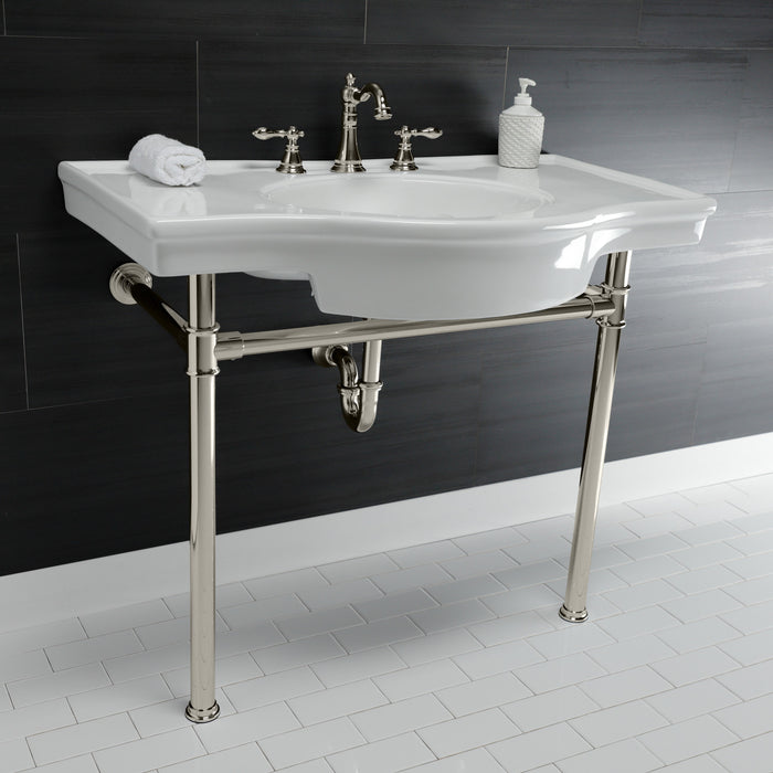 Kingston Tulare VPB1376ST - Templeton 37-Inch Ceramic Console Sink with Stainless Steel Legs (8-Inch, 3-Hole), White/Polished Nickel