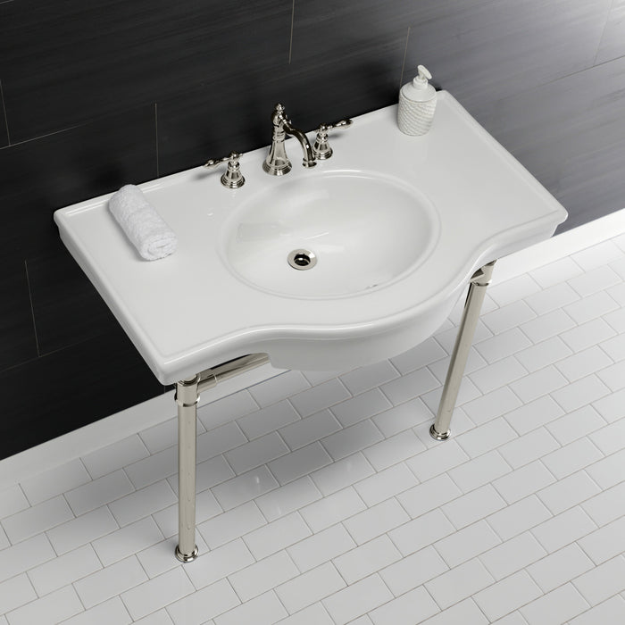 Kingston Tulare VPB1376ST - Templeton 37-Inch Ceramic Console Sink with Stainless Steel Legs (8-Inch, 3-Hole), White/Polished Nickel