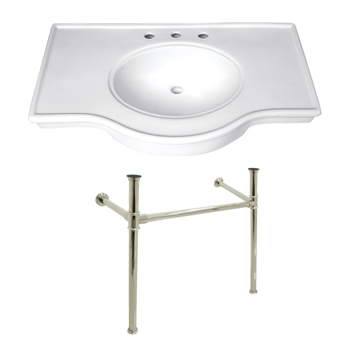 Kingston Tulare VPB1376ST - Templeton 37-Inch Ceramic Console Sink with Stainless Steel Legs (8-Inch, 3-Hole), White/Polished Nickel