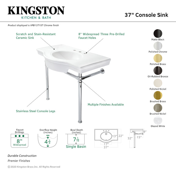 Kingston Tulare VPB1377ST - Templeton 37-Inch Ceramic Console Sink with Stainless Steel Legs (8-Inch, 3-Hole), White/Brushed Brass