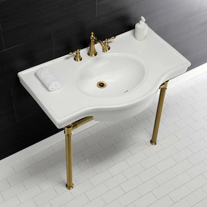 Kingston Tulare VPB1377ST - Templeton 37-Inch Ceramic Console Sink with Stainless Steel Legs (8-Inch, 3-Hole), White/Brushed Brass