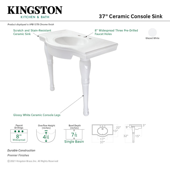 Kingston Heirloom VPB1378 - Templeton 37-Inch Ceramic Console Sink with Legs (8-Inch, 3-Hole), White