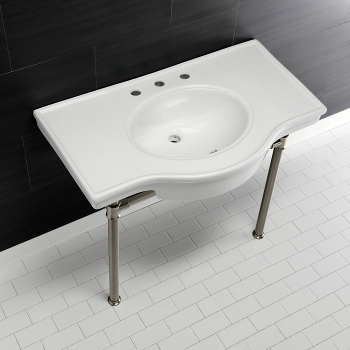 Kingston Tulare VPB1378ST - Templeton 37-Inch Ceramic Console Sink with Stainless Steel Legs (8-Inch, 3-Hole), White/Brushed Nickel