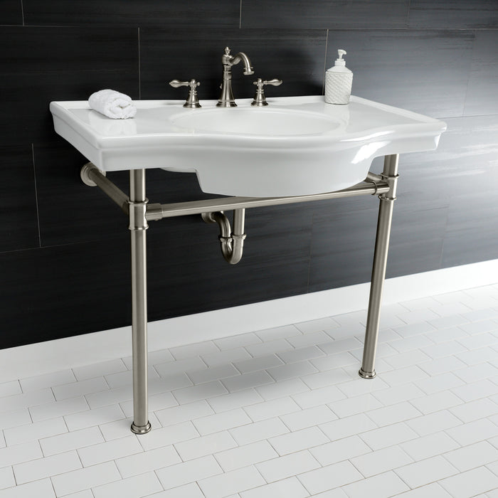 Kingston Tulare VPB1378ST - Templeton 37-Inch Ceramic Console Sink with Stainless Steel Legs (8-Inch, 3-Hole), White/Brushed Nickel