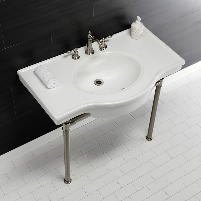 Kingston Tulare VPB1378ST - Templeton 37-Inch Ceramic Console Sink with Stainless Steel Legs (8-Inch, 3-Hole), White/Brushed Nickel