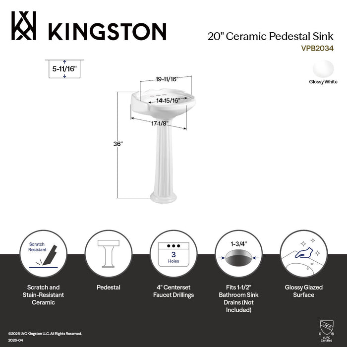 Kingston Heirloom VPB2034 - Stuart 20-Inch Ceramic Pedestal Sink (4-Inch, 3 Hole), Glossy White