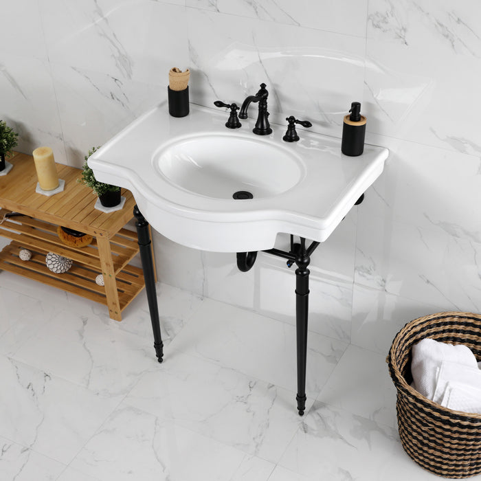 Edwardian VPB2215330ST 31-Inch Ceramic Console Sink with Brass Legs (8-Inch, 3-Hole), White/Matte Black