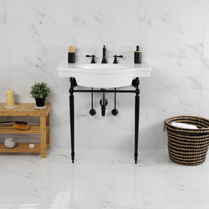 Edwardian VPB2215330ST 31-Inch Ceramic Console Sink with Brass Legs (8-Inch, 3-Hole), White/Matte Black