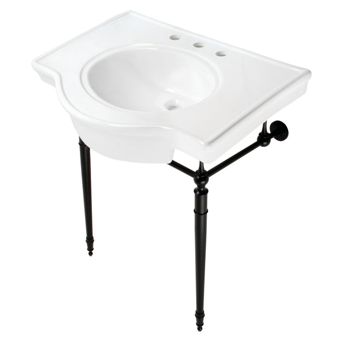 Edwardian VPB2215330ST 31-Inch Ceramic Console Sink with Brass Legs (8-Inch, 3-Hole), White/Matte Black