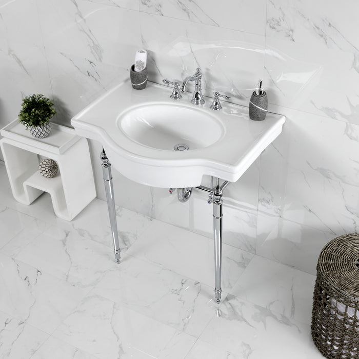Kingston Heirloom VPB2215331ST - Edwardian 31-Inch Ceramic Console Sink with Brass Legs (8-Inch, 3-Hole), White/Chrome