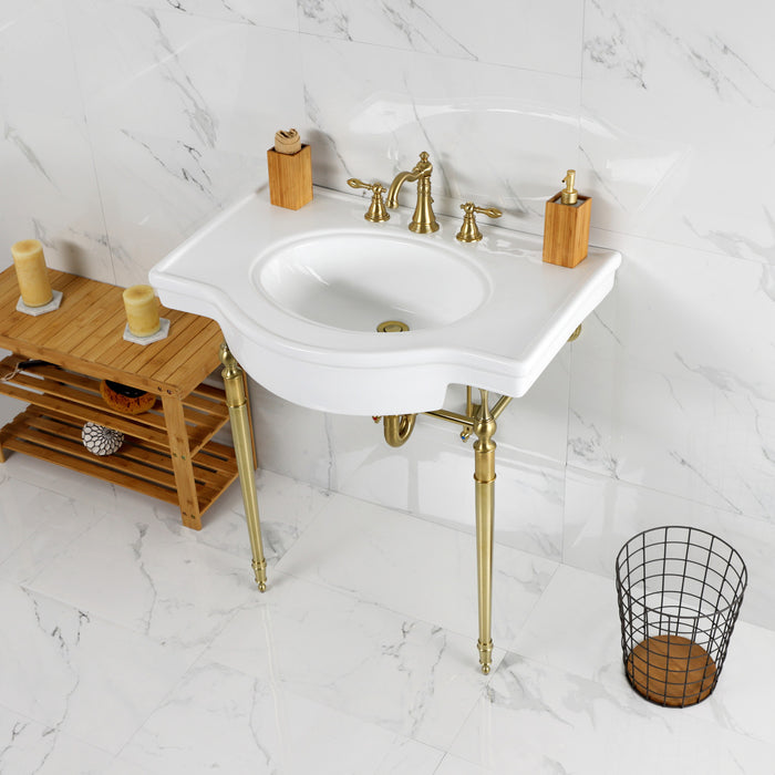 Kingston Heirloom VPB2215337ST - Edwardian 31-Inch Ceramic Console Sink with Brass Legs (8-Inch, 3-Hole), White/Brushed Brass