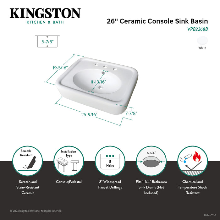 Robert VPB2268B 26-Inch Ceramic Console Sink Top (8-Inch, 3-Hole), White