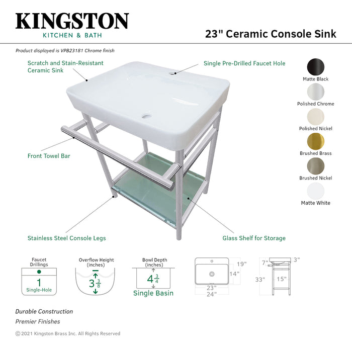 Kingston Sona VPB23180 - Sheridan 23-Inch Ceramic Console Sink with Stainless Steel Legs and Glass Shelf (1-Hole), White/Matte Black