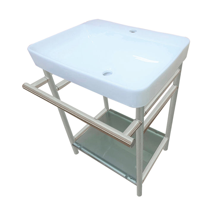 Kingston Sona VPB23186 - Sheridan 23-Inch Ceramic Console Sink with Stainless Steel Legs and Glass Shelf (1-Hole), White/Polished Nickel