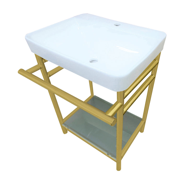 Kingston Sona VPB23187 - Sheridan 23-Inch Ceramic Console Sink with Stainless Steel Legs and Glass Shelf (1-Hole), White/Brushed Brass