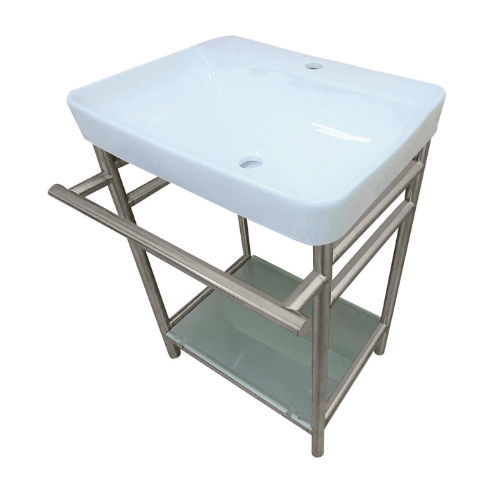 Kingston Sona VPB23188 - Sheridan 23-Inch Ceramic Console Sink with Stainless Steel Legs and Glass Shelf (1-Hole), White/Brushed Nickel