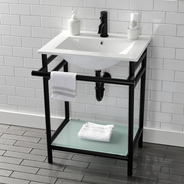 Kingston Sona VPB24187W10 - Sheridan 24-Inch Ceramic Console Sink with Stainless Steel Legs and Glass Shelf (1-Hole), White/Matte Black