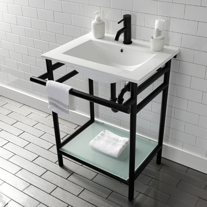 Kingston Sona VPB24187W10 - Sheridan 24-Inch Ceramic Console Sink with Stainless Steel Legs and Glass Shelf (1-Hole), White/Matte Black