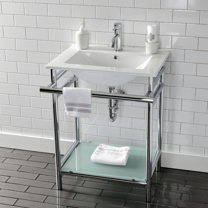 Kingston Sona VPB24187W11 - Sheridan 24-Inch Ceramic Console Sink with Stainless Steel Legs and Glass Shelf (1-Hole), White/Polished Chrome