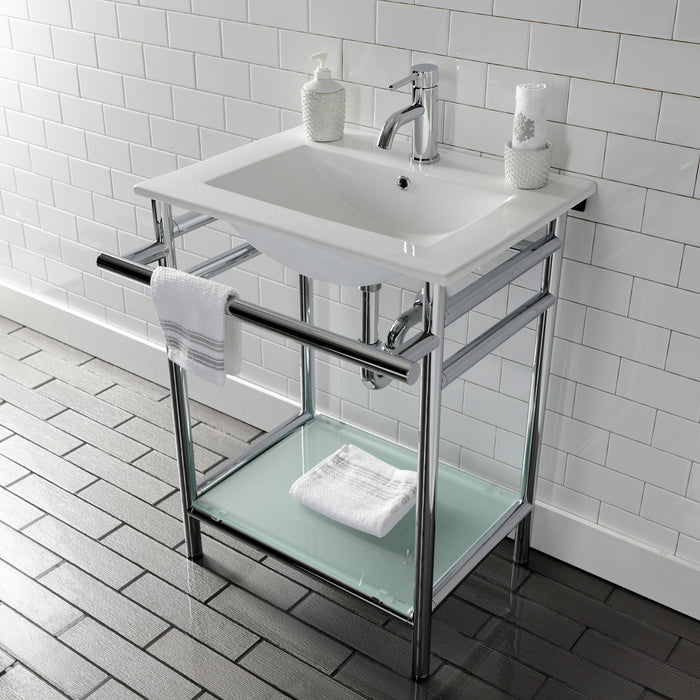 Kingston Sona VPB24187W11 - Sheridan 24-Inch Ceramic Console Sink with Stainless Steel Legs and Glass Shelf (1-Hole), White/Polished Chrome