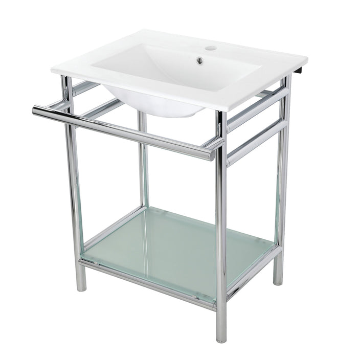 Kingston Sona VPB24187W11 - Sheridan 24-Inch Ceramic Console Sink with Stainless Steel Legs and Glass Shelf (1-Hole), White/Polished Chrome