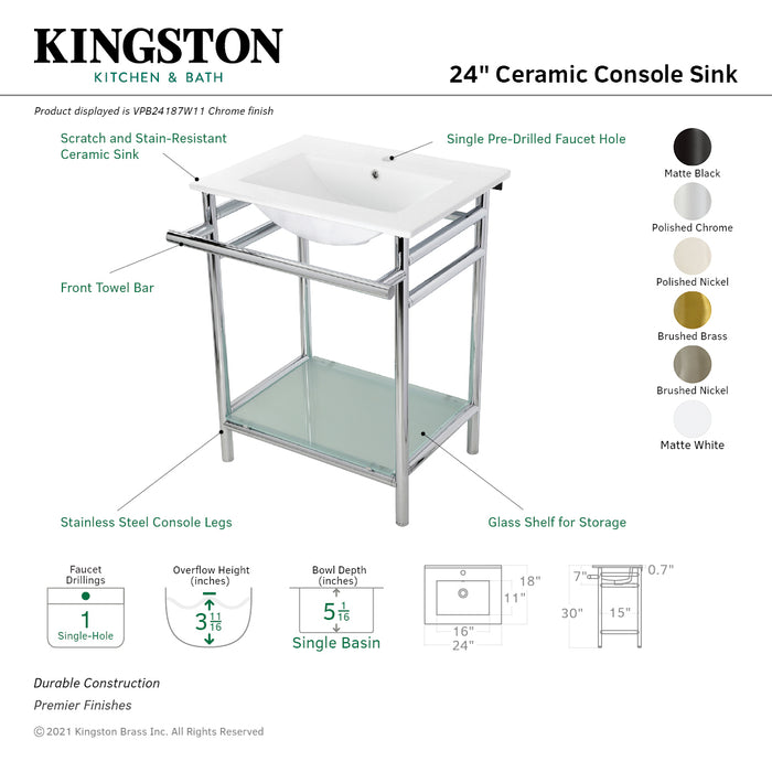 Kingston Sona VPB24187W16 - Sheridan 24-Inch Ceramic Console Sink with Stainless Steel Legs and Glass Shelf (1-Hole), White/Polished Nickel
