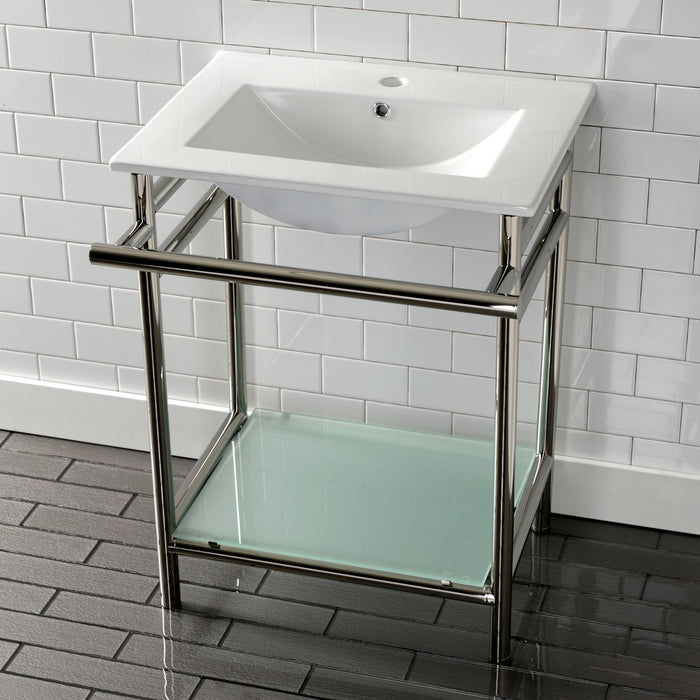 Kingston Sona VPB24187W16 - Sheridan 24-Inch Ceramic Console Sink with Stainless Steel Legs and Glass Shelf (1-Hole), White/Polished Nickel