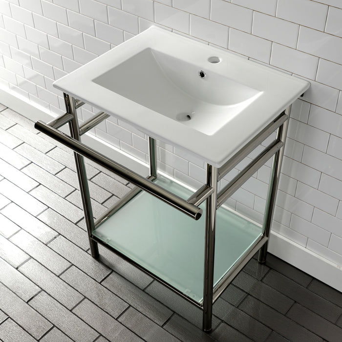 Kingston Sona VPB24187W16 - Sheridan 24-Inch Ceramic Console Sink with Stainless Steel Legs and Glass Shelf (1-Hole), White/Polished Nickel