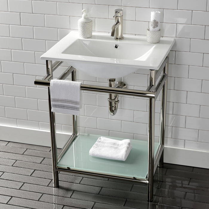 Kingston Sona VPB24187W16 - Sheridan 24-Inch Ceramic Console Sink with Stainless Steel Legs and Glass Shelf (1-Hole), White/Polished Nickel