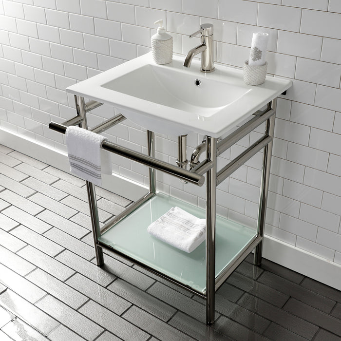 Kingston Sona VPB24187W16 - Sheridan 24-Inch Ceramic Console Sink with Stainless Steel Legs and Glass Shelf (1-Hole), White/Polished Nickel