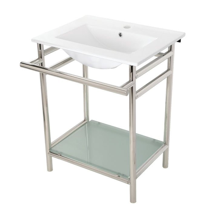 Kingston Sona VPB24187W16 - Sheridan 24-Inch Ceramic Console Sink with Stainless Steel Legs and Glass Shelf (1-Hole), White/Polished Nickel