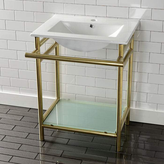 Kingston Sona VPB24187W17 - Sheridan 24-Inch Ceramic Console Sink with Stainless Steel Legs and Glass Shelf (1-Hole), White/Brushed Brass