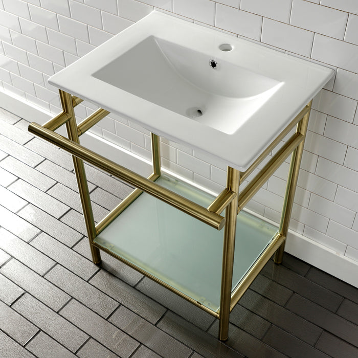 Kingston Sona VPB24187W17 - Sheridan 24-Inch Ceramic Console Sink with Stainless Steel Legs and Glass Shelf (1-Hole), White/Brushed Brass