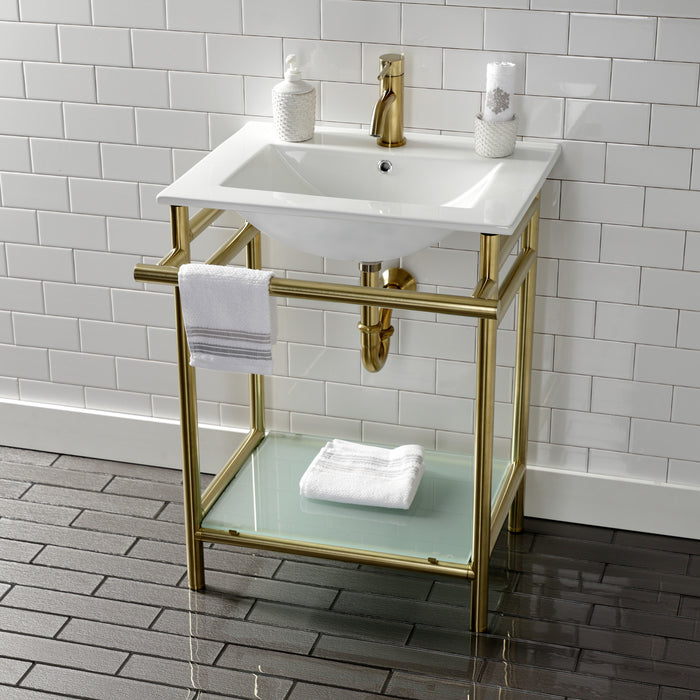 Kingston Sona VPB24187W17 - Sheridan 24-Inch Ceramic Console Sink with Stainless Steel Legs and Glass Shelf (1-Hole), White/Brushed Brass
