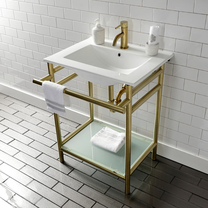 Kingston Sona VPB24187W17 - Sheridan 24-Inch Ceramic Console Sink with Stainless Steel Legs and Glass Shelf (1-Hole), White/Brushed Brass