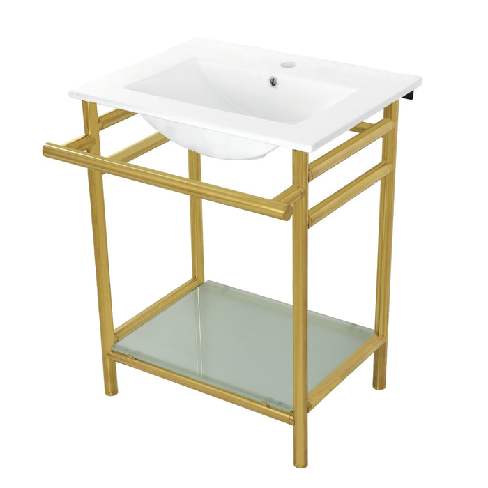 Kingston Sona VPB24187W17 - Sheridan 24-Inch Ceramic Console Sink with Stainless Steel Legs and Glass Shelf (1-Hole), White/Brushed Brass