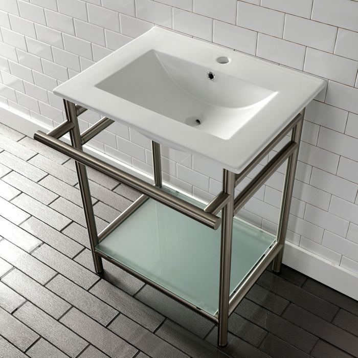 Kingston Sona VPB24187W18 - Sheridan 24-Inch Ceramic Console Sink with Stainless Steel Legs and Glass Shelf (1-Hole), White/Brushed Nickel
