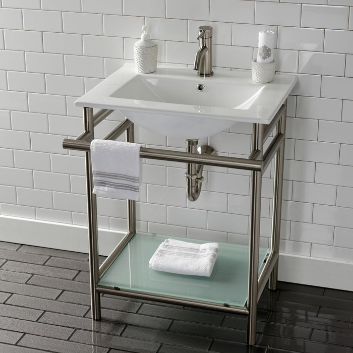 Kingston Sona VPB24187W18 - Sheridan 24-Inch Ceramic Console Sink with Stainless Steel Legs and Glass Shelf (1-Hole), White/Brushed Nickel