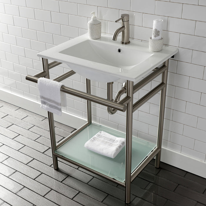 Kingston Sona VPB24187W18 - Sheridan 24-Inch Ceramic Console Sink with Stainless Steel Legs and Glass Shelf (1-Hole), White/Brushed Nickel