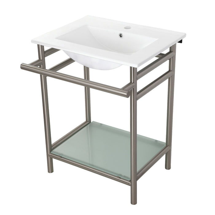 Kingston Sona VPB24187W18 - Sheridan 24-Inch Ceramic Console Sink with Stainless Steel Legs and Glass Shelf (1-Hole), White/Brushed Nickel