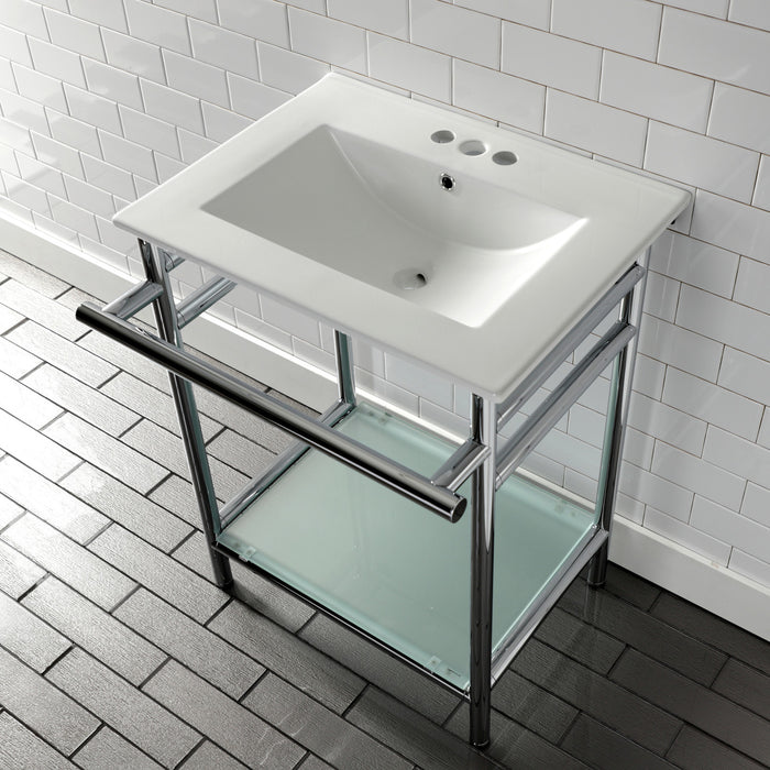 Kingston Sona VPB24187W41 - Sheridan 24-Inch Ceramic Console Sink with Stainless Steel Legs and Glass Shelf (4-Inch, 3-Hole), White/Polished Chrome