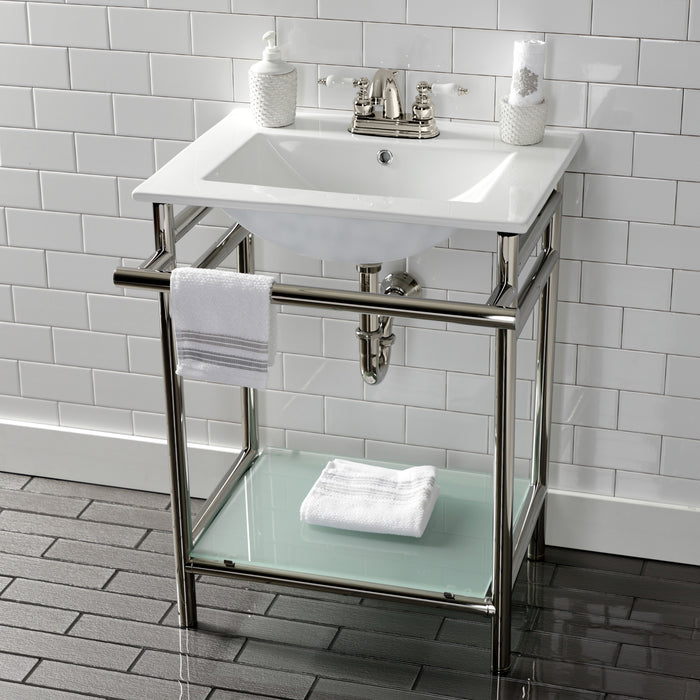 Kingston Sona VPB24187W46 - Sheridan 24-Inch Ceramic Console Sink with Stainless Steel Legs and Glass Shelf (4-Inch, 3-Hole), White/Polished Nickel