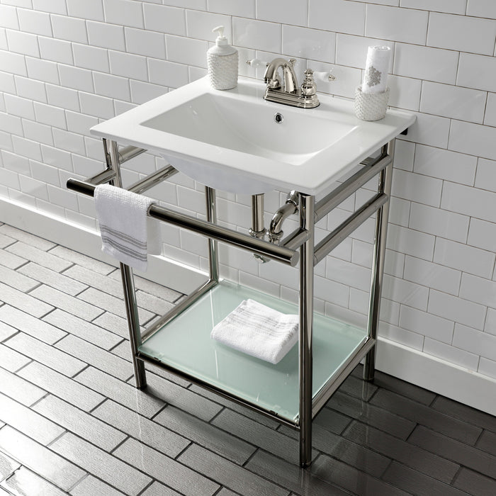 Kingston Sona VPB24187W46 - Sheridan 24-Inch Ceramic Console Sink with Stainless Steel Legs and Glass Shelf (4-Inch, 3-Hole), White/Polished Nickel