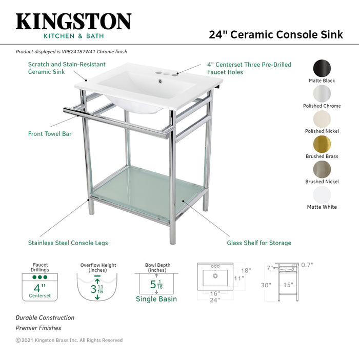 Kingston Sona VPB24187W47 - Sheridan 24-Inch Ceramic Console Sink with Stainless Steel Legs and Glass Shelf (4-Inch, 3-Hole), White/Brushed Brass