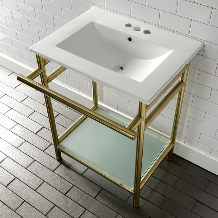 Kingston Sona VPB24187W47 - Sheridan 24-Inch Ceramic Console Sink with Stainless Steel Legs and Glass Shelf (4-Inch, 3-Hole), White/Brushed Brass