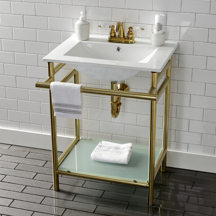Kingston Sona VPB24187W47 - Sheridan 24-Inch Ceramic Console Sink with Stainless Steel Legs and Glass Shelf (4-Inch, 3-Hole), White/Brushed Brass