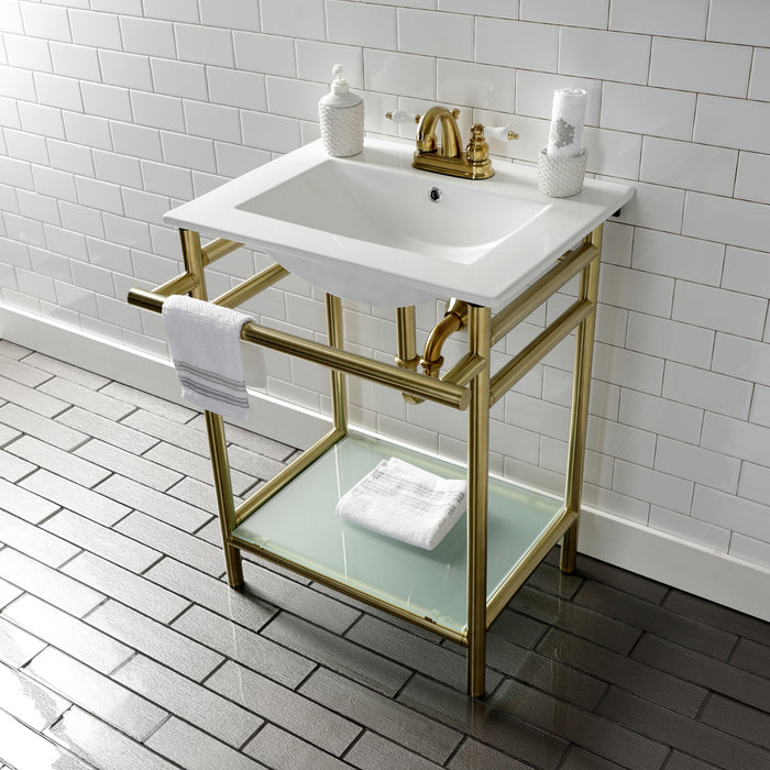 Kingston Sona VPB24187W47 - Sheridan 24-Inch Ceramic Console Sink with Stainless Steel Legs and Glass Shelf (4-Inch, 3-Hole), White/Brushed Brass
