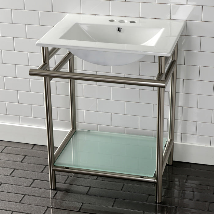 Kingston Sona VPB24187W48 - Sheridan 24-Inch Ceramic Console Sink with Stainless Steel Legs and Glass Shelf (4-Inch, 3-Hole), White/Brushed Nickel