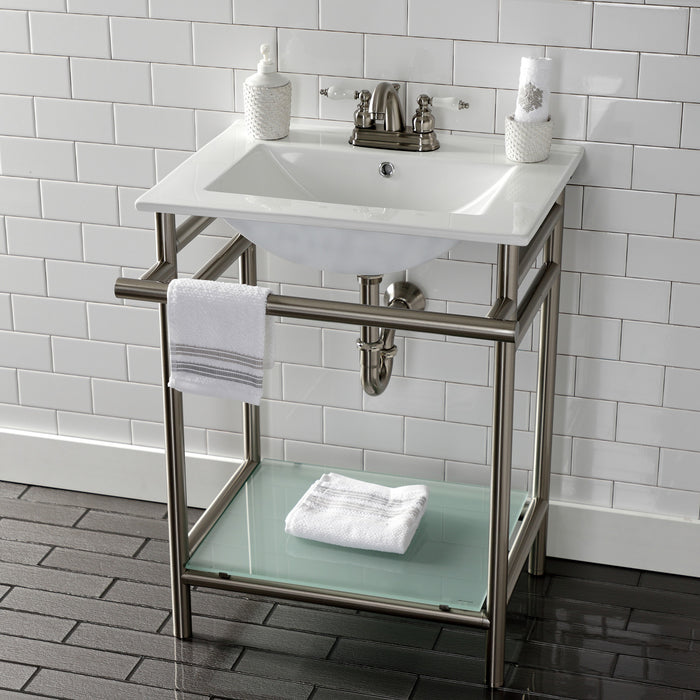 Kingston Sona VPB24187W48 - Sheridan 24-Inch Ceramic Console Sink with Stainless Steel Legs and Glass Shelf (4-Inch, 3-Hole), White/Brushed Nickel